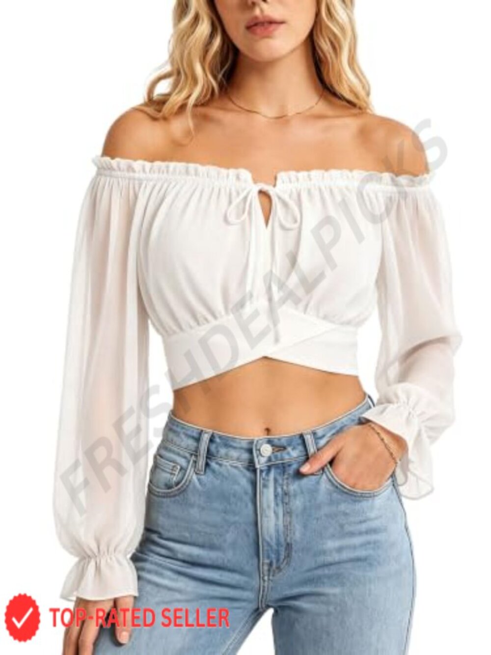 Off Shoulder Crop Top Long Sleeve Blouse Ruffled Cuff Renaissance